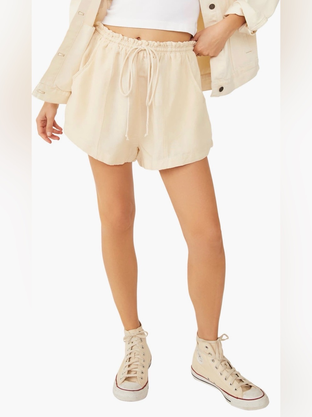 Free People Linen Casual Drawstring Shorts in Cream Size Large EUC